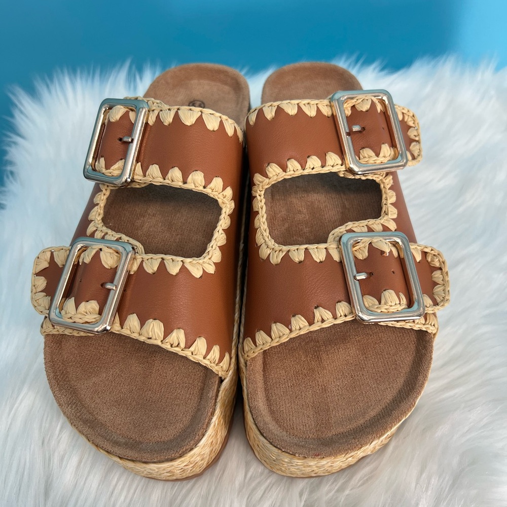 Brown and Cream Platform Shoes with Decorative Straps - Picture 2 of 10
